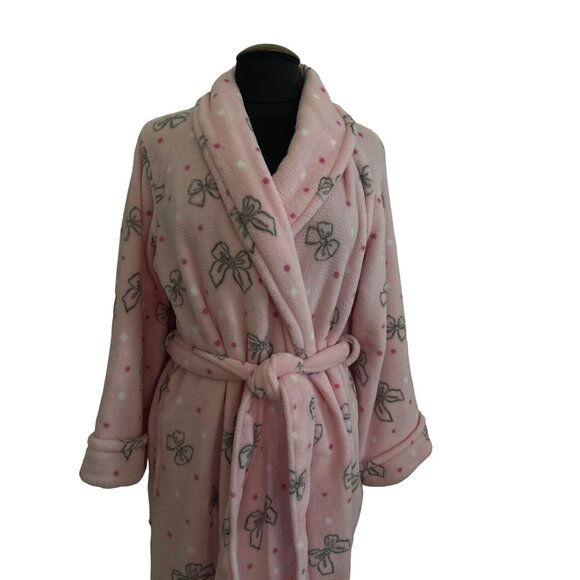 Oscar De La Renta Pink Bow Print Plush Robe L/XL - Picture 2 of 8